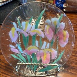 Fused glass plate with iris and lily design